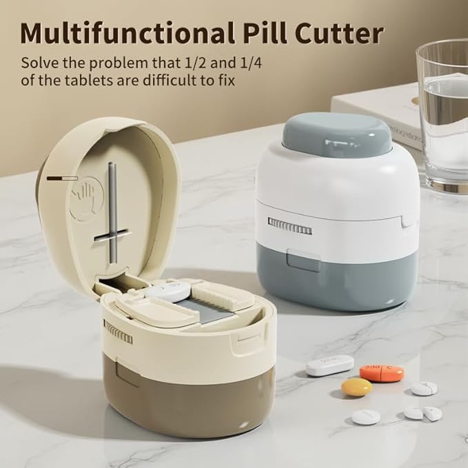 Safe Pill Cutter for Seniors – Easy-Press Vertical Tablet Splitter, Adjustable Pill Holder for All Shapes, Hidden Blade Design, Food-Grade Material & Storage Box – Precise 1/2 & 1/4 Medication Cutting