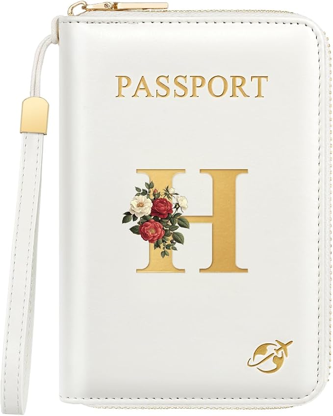 Passport Holder for Travel Personalized Wallet with Wristlet Women | All-in-One Passport Cover, RFID Blocking, Back Coin Pocket, Paper Money Slot, Zipper Closure, Roses Initial Letter, White H