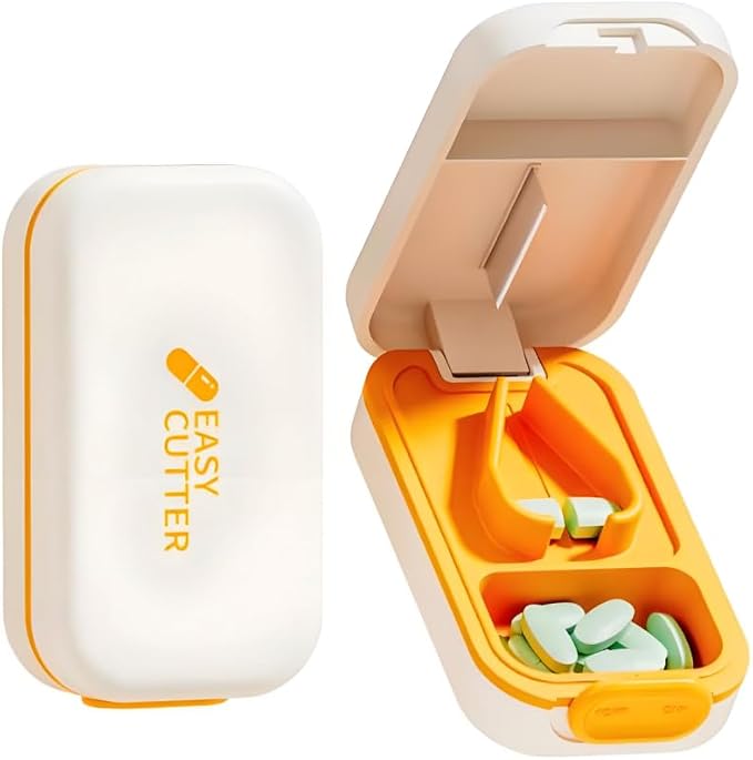 Pill Cutter | Pill Splitter for Small Large Pills | Design in The USA| Cuts Vitamins |- Adjustable Splitter+V-Shape Holder & Detachable Pad, Easy to Clean, Safe for Seniors, Kids, Pets Orange