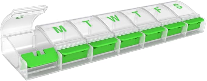 EZY DOSE Weekly (7-Day) AM/PM Daily Pill Organizer, Vitamin Case, and Medicine Container, X-Large Compartments, Arthritis Friendly, Convenient with Effortless Portability, Clear/Green Lids, BPA Free