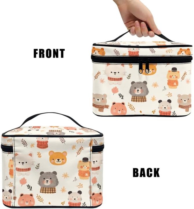 Cute Animals Cosmetic Makeup Bag Large Portable Travel Toiletry Organizer for Women, Cartoon Cats Bears Print Make up Organizer with Handle