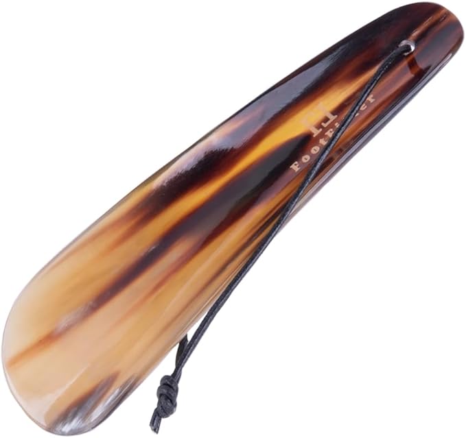 FootFitter Natural Bull Horn Shoe Horn with Leather Loop, Smooth Polished Shoe Assist Tool for Easy Slip-On Low Collar Shoes