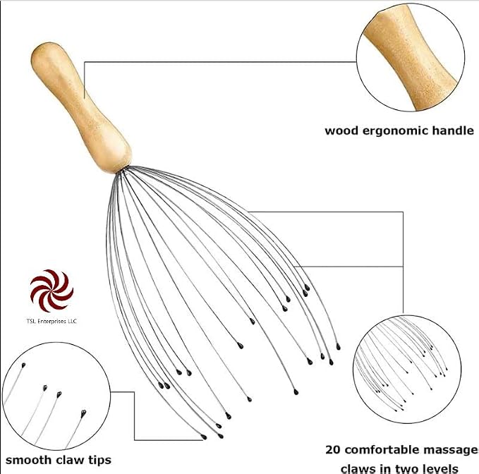 TSL Enterprises LLC Quality Wood Handle 20 Claw Scalp Massager with Telescopic Back Scratcher