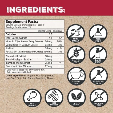 Superieur Electrolytes – Plant Based Electrolyte Supplement w/Sea Minerals for Hydration & Recovery – Keto Friendly, Non-GMO, Zero Sugar, Vegan Healthy Sports Drink Powder – Raspberry (70 Servings)