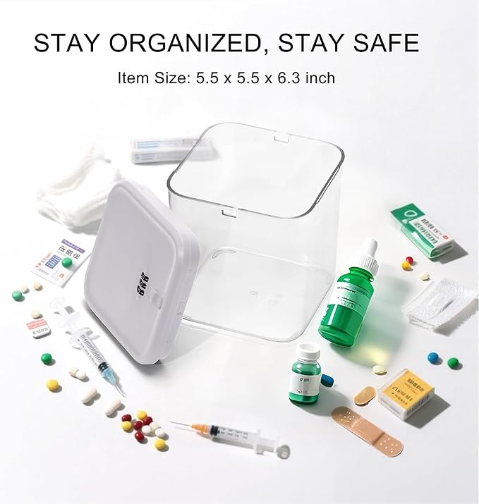 Clear Lockable Storage Box for Medicine Safe,Food Jar,Snacks,Phone - Secure Lock Box Refrigeator Container Bin Store Tank with Combination for Kitchen,Home,Office,Hospital (5.6×5.6×6.3 In) (White)
