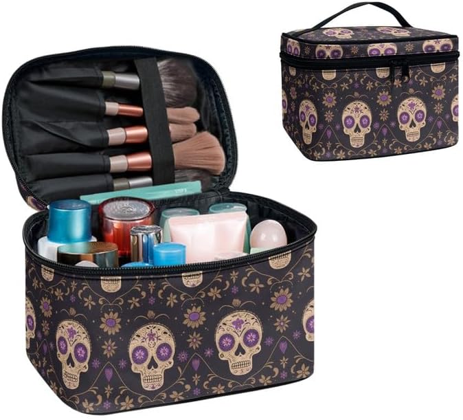 Mexican Sugar Skulls Floral Travel Cosmetic Organizer for Women Portable Zipper Make Up Pouch, Bohemia Candy Skull print Large Makeup Bag Dopp Kit Essentials