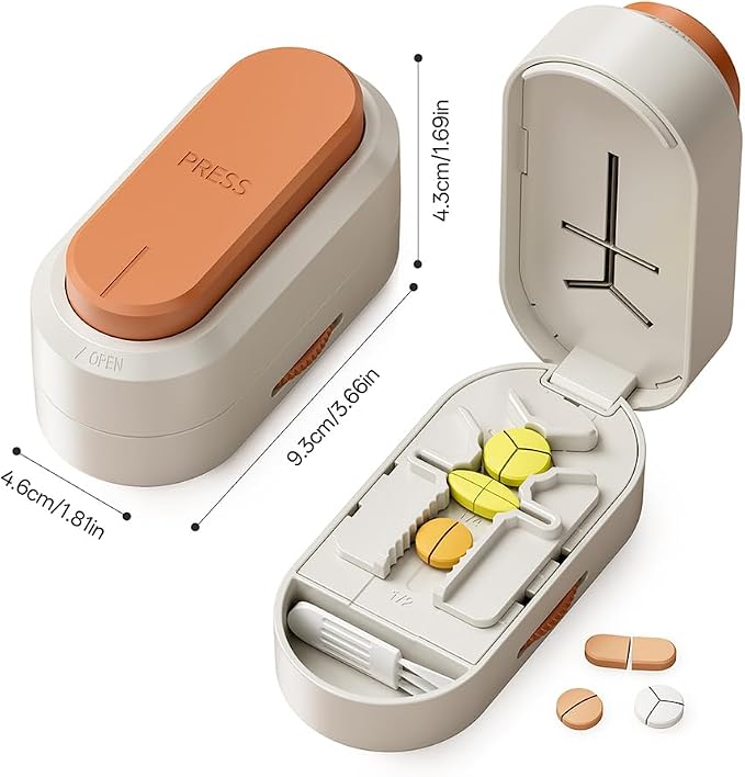Pill Cutter Splitter for Small and Tiny Large Pills,Adjustable Pill Splitter Push-Button Cuts into 1/2, 1/3, 1/4，Comes with a Small Brush and a Medicine Storage Box (Orange, Press-Cut)