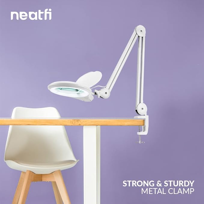 Neatfi (New Model Bifocals 1,200 Lumens Super LED Magnifying Lamp with Clamp, Dimmable, 60 Pcs SMD LED, 5 Inches Diameter Lens, Adjustable Arm (5 Diopter + 20 Diopter, White)