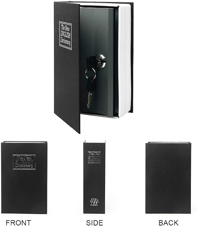 Small Sized Diversion Book Safe Storage Box, Dictionary Secret Safe Can with Security Combination Lock/Key, Diversion Book Hidden Safe (Key, Black dictionary)