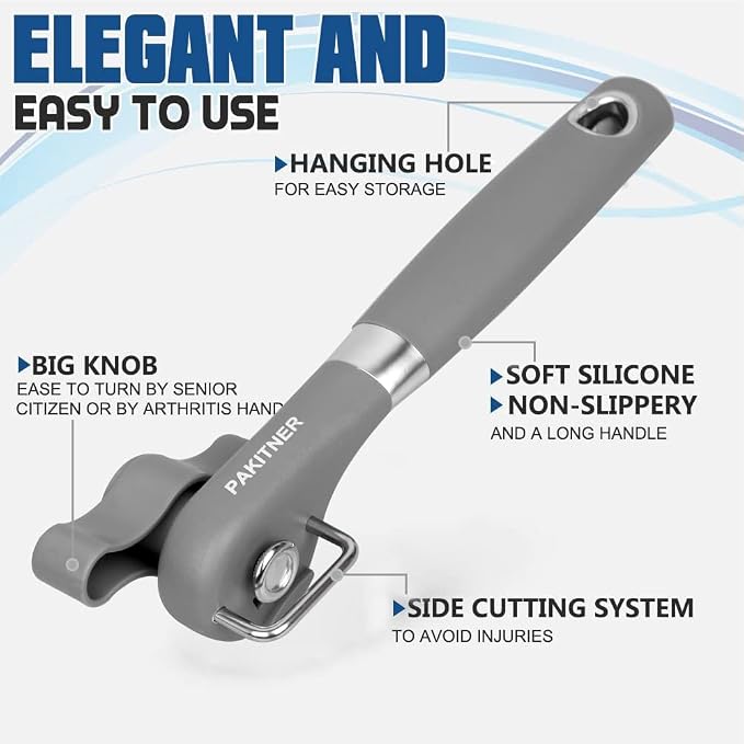 PAKITNER- Cut safe manual can opener, smooth edge - handheld Side cut with Sharp Blade, Comfortable Grip Handle Food Grade Stainless Steel Cutting Can Opener, Gray