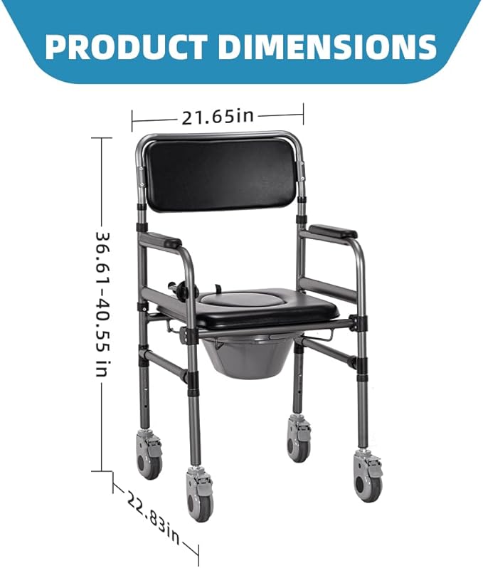 Bedside Commode Chair Foldable Height-Adjustable Toilet Chair with PU Seat 3" Locking Wheels,400lbs Capacity, 22.8-40.6" Adjustable Foldable Shower Chair (Toilet-Round)
