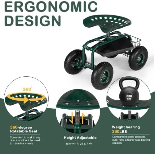 VINGLI Garden Cart with Rolling Seat, Wheels, Steering Handle & Utility Tool Tray, Planting Wagon Scooter, Gardening Tool for Senior, for Patio, Backyard, Lawn & Outdoor (Dark Green)