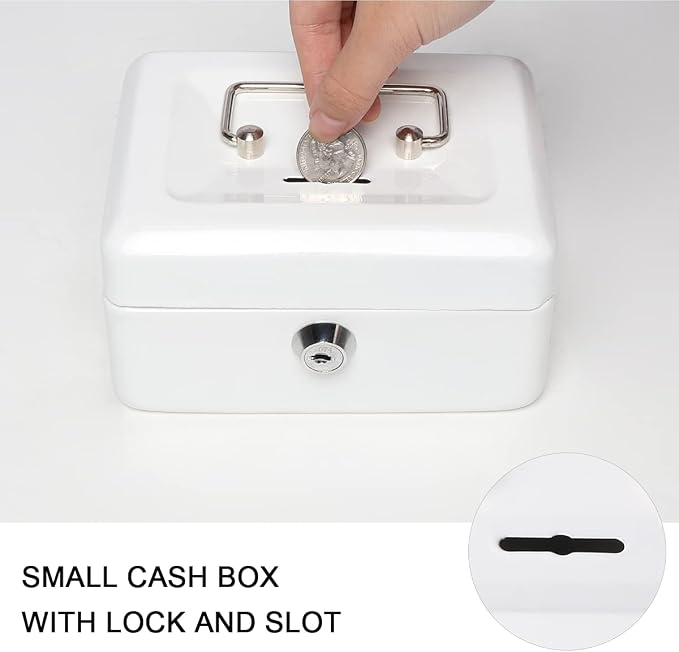 Jssmst Small Lock Cash Box, Locking Money Box for Kids with Slot on Top, White Lock Box, 5.91 x 4.72 x 2.95 inches, CB003-W