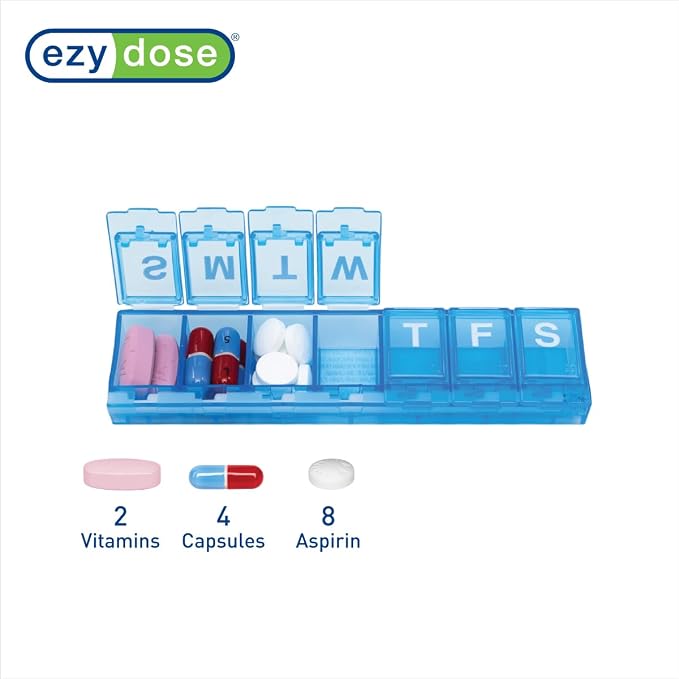 EZY DOSE Weekly (7-Day) Pill Planner, Medicine Case, Vitamin Organizer Box, Small Locking Compartments to Secure Prescription Medication and Prevent Accidental Spilling, Blue