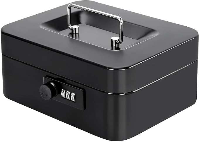 Jssmst Cash Box with Money Tray and Combination Lock - Secure Medication Lock Box for Home and Office Use, 7.87'' x 6.3'' x 3.54'' - Durable and Reliable Security Solution
