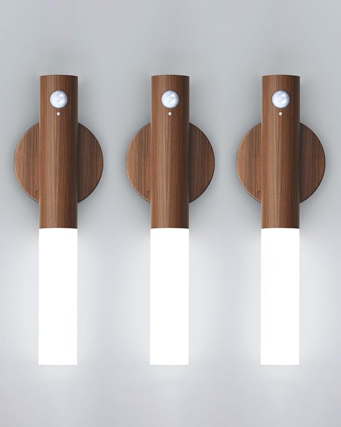 Battery-Operated Wall Sconce Wall Lights: 2200mAh Rechargeable Motion Sensor Magnetic Wireless Stairway Lights Portable Hallway Light Wooden Wall Lighting for Bedroom Stair(White Light)