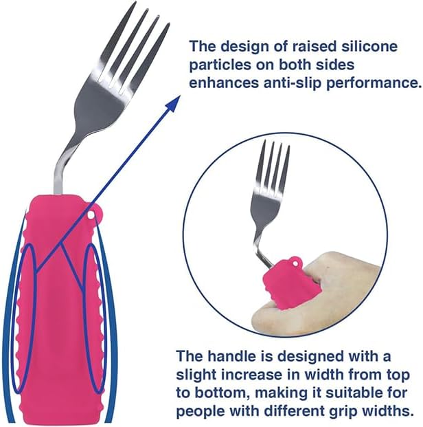 Adaptive Utensils Angled Spoon and Fork for Hand Tremors Parkinsons,Weighted Utensils with Non-Slip Easy Grip Handles for Independent Eating (1pcs Spoon+1pcs Fork=2 pcs,Pink,Left Hand)