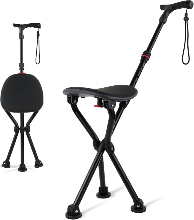 Walking Cane with Seat – Folding Lightweight Walking Cane Chair for Seniors, Adjustable Height 32"-36", Heavy-Duty 3-Legged Cane Stool for Men Women (Black)