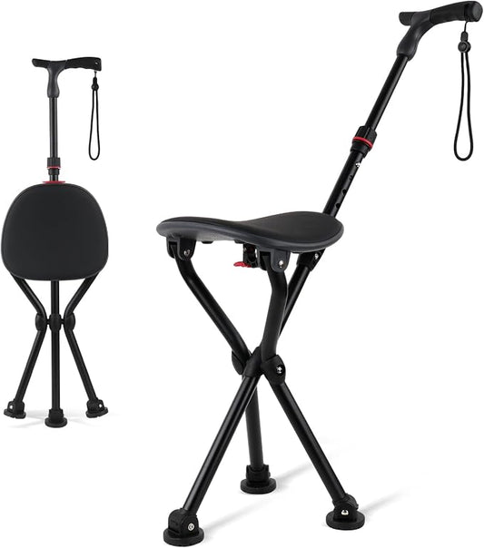 Walking Cane with Seat – Folding Lightweight Walking Cane Chair for Seniors, Adjustable Height 32"-36", Heavy-Duty 3-Legged Cane Stool for Men Women (Black)