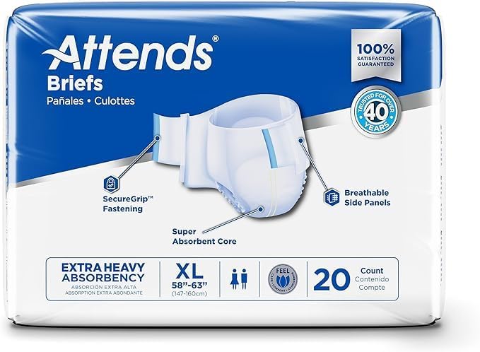 Attends Adult Incontinence Disposable Briefs, X-Large, 58"-63" Waist with SecureGrip Tab Closure, Extra Heavy Absorbency with Super Absorbent Core and Breathable Side Panels, 60ct Case