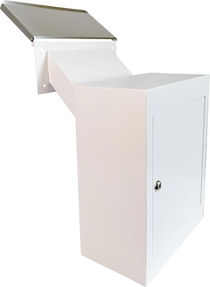 Through-the-Wall Locking Mailbox with Anti-Fishing Chute | Heavy-Duty Steel Mail Drop Box with Rainproof Cover & Adjustable Sleeve for Homes, Offices & Apartments, White