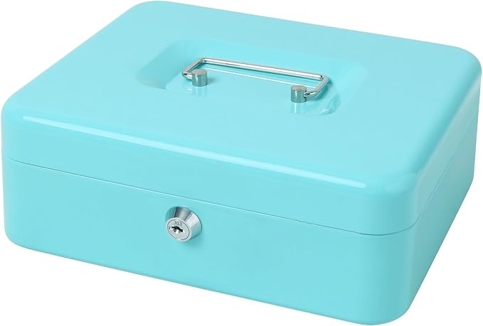 Jssmst Cash Box with Money Tray and Lock - Light Blue Money Saving Box for Cash Coins, Small Lock Box for Medication Personal Items, 9.84'' x 7.87'' x 3.46'', Light Blue
