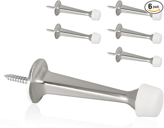 6 Pack Solid Rigid Door Stops - Heavy Duty Door Stoppers Wall Protector with Soft Rubber Tips, Satin Nickel