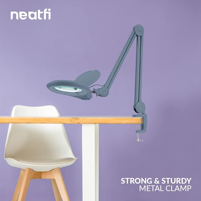 Neatfi (New Model) Bifocals 1,200 Lumens Super LED Magnifying Lamp with Clamp, Dimmable, 60 Pcs SMD LED, 5 Inches Diameter Lens (5 Diopter + 20 Diopter, Gray)