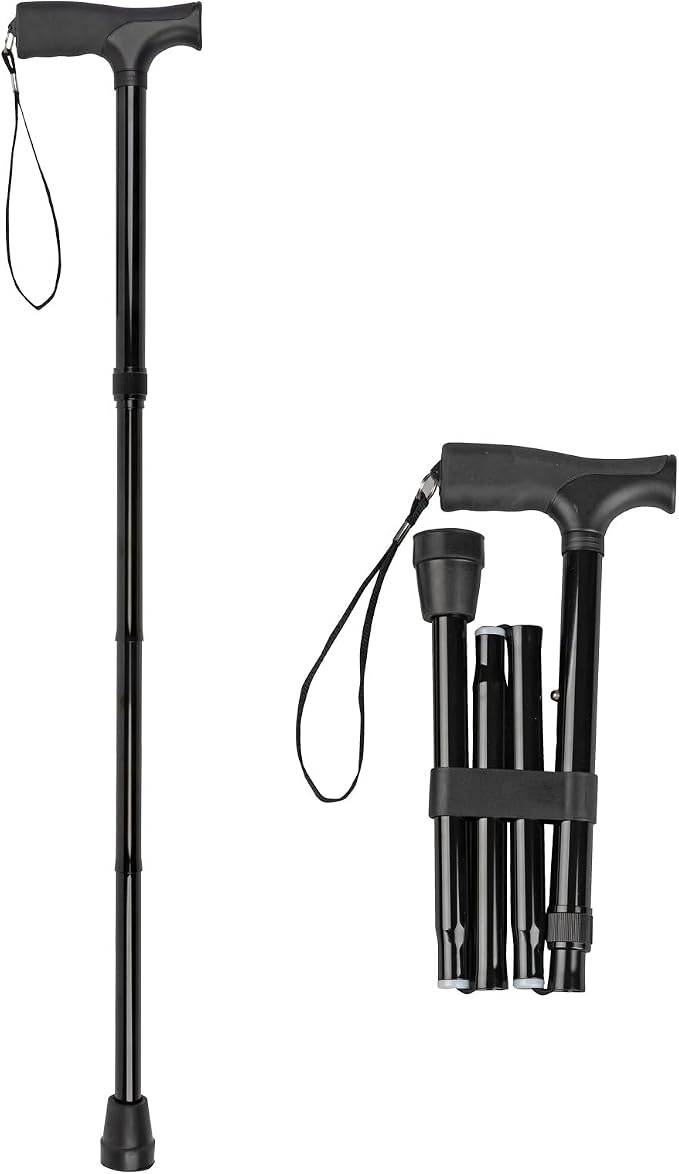 Thera|Care Adjustable Folding Walking Cane | 33” to 37” Height | 300 lbs 136 kg Weight Capacity | Sturdy, Lightweight Aluminum | Folds with Included Storage Pouch