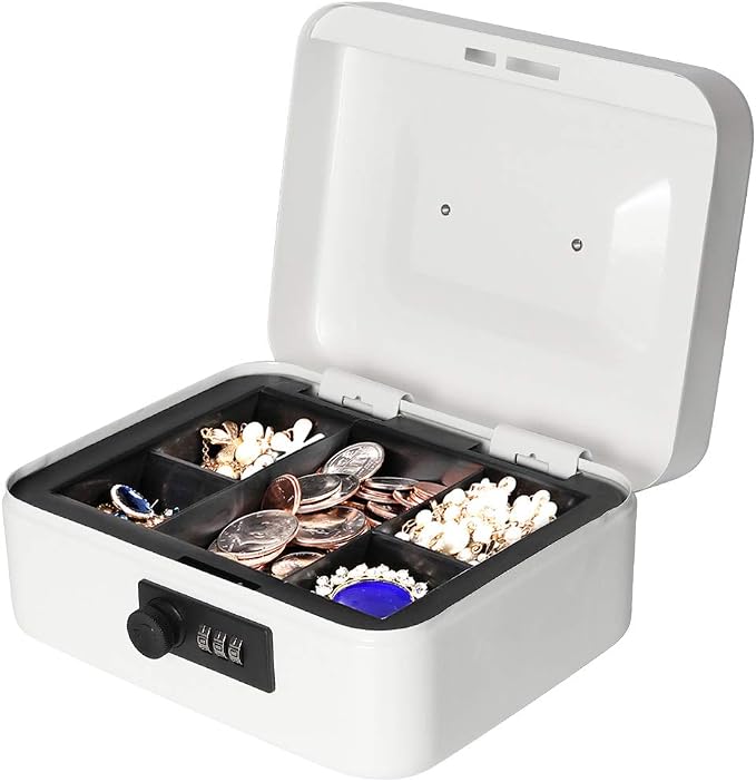 Jssmst Medium Cash Box with Combination Lock - Durable Metal Cash Box with Money Tray White,7.87 x 6.3 x 3.35 inches, SM-CB07005M