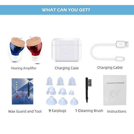 Hearing Aids for Seniors, Invisible Hearing Amplifiers with Noise Cancelling, Rechargeable Hearing Aids for Hearing Loss Adults, Comfort In-ear Hearing Devices(Red and blue)