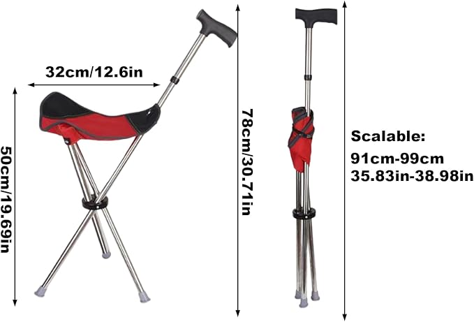 Cane with Chair - 50cm Oxford Cloth Walking Stick, Anti Slip Mobility Aid Stool, Fold Seat for Elderly Adults, Steel Frame Oxford Cloth Support | Portable Travel Hiking Camping Outdoor Convenient