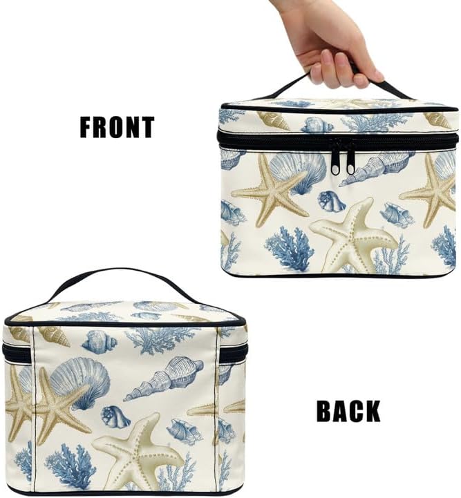 Seashells Starfish Travel Makeup Bag Toiletry Bags for Women, Hand Drawn Sea Life Portable Large Capacity Cosmetic Pouch Brush Storage Organizer