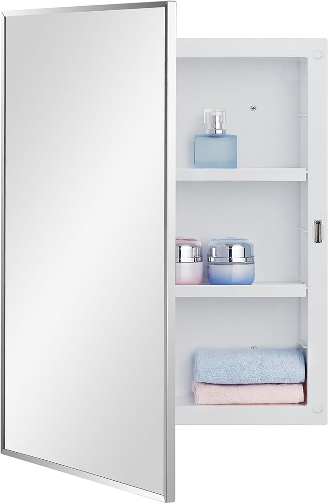 Plastic Bathroom Medicine Cabinet with Framed Mirror 16 x 22 inch, Surface and Recessed Mount