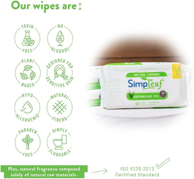 Simpleaf Flushable Wet Wipes Aloe Vera | Plastic Free, Paraben & Alcohol Free | Hypoallergenic & Safe for Sensitive Skin | Soothing Aloe Formula | Adult Toilet Wipes (12 x 50 Counts Pack) 600 Counts