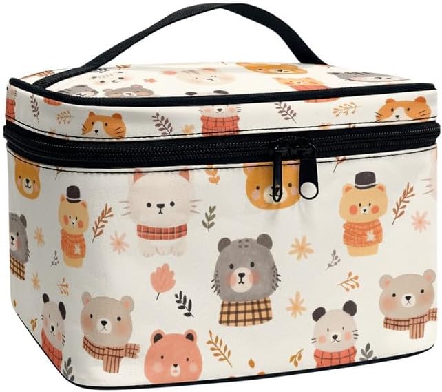 Cute Animals Cosmetic Makeup Bag Large Portable Travel Toiletry Organizer for Women, Cartoon Cats Bears Print Make up Organizer with Handle