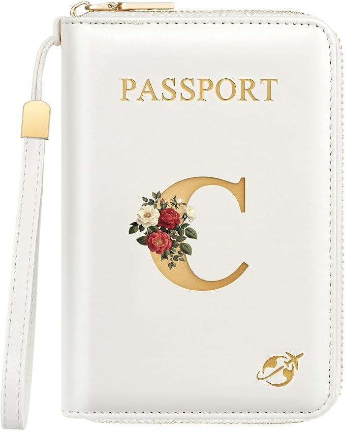 Passport Holder for Travel Personalized Wallet with Wristlet Women | All-in-One Passport Cover, RFID Blocking, Back Coin Pocket, Paper Money Slot, Zipper Closure, Roses Initial Letter, White C