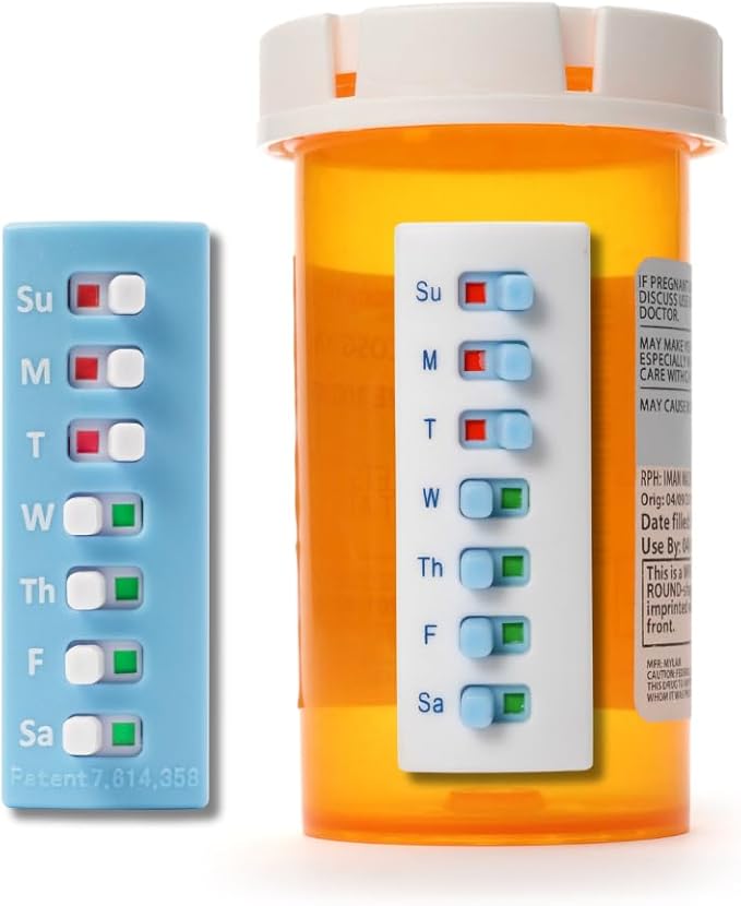 Peel and Stick Reusable for 12 + Refills, Pill/Medication/Vitamin/Pet Med Tracker & Reminder, Attach to Your Bottle, Organizer-Free, Curved‑Back, White & Blue (2-Pack, 1 Each)