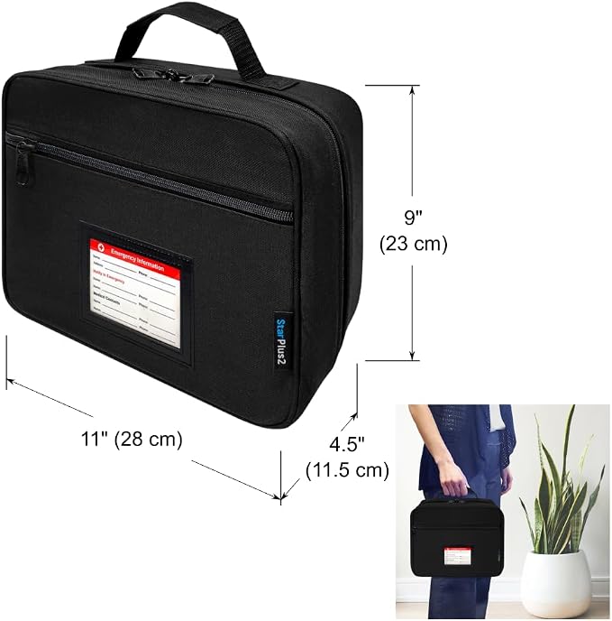 Large Medicine Organizer Bag With Emergency Card - 10 Pocket Pill Bottle Organizer for Travel & Home Storage, Black