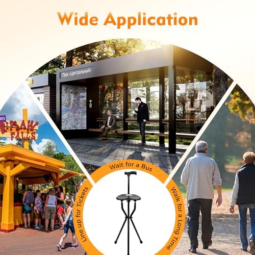 Folding Walking Cane with Seat, Multi-Functional Three Legged Stool, Supports 250 Pounds, Lightweight Anti-Slip Design for Seniors and Elderly