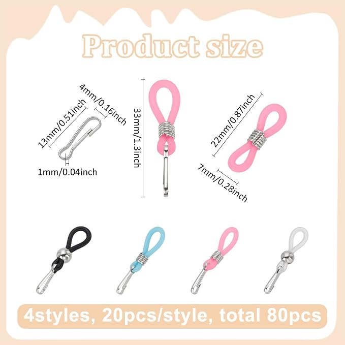FINGERINSPIRE 80 Pcs Silicone Zipper Holder Upper with Rubber Rings, 4 Colors Hook Zipper and Button Zippers Puller Gadget to Keep Zippers up on Jeans Skirts Clothes
