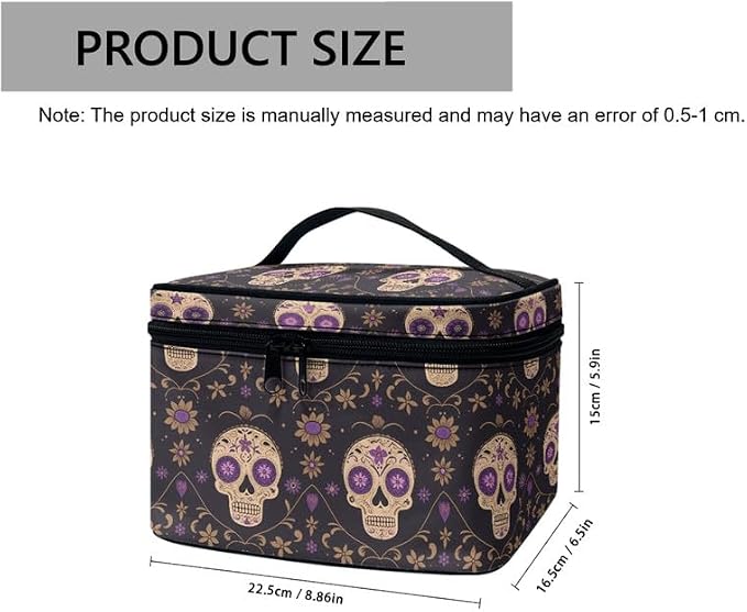 Mexican Sugar Skulls Floral Travel Cosmetic Organizer for Women Portable Zipper Make Up Pouch, Bohemia Candy Skull print Large Makeup Bag Dopp Kit Essentials