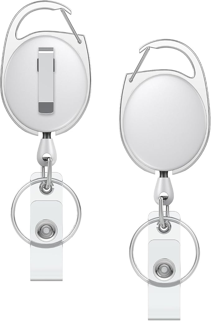 Uniclife 2 Pcs Retractable Badge Reel Keychain Clip for Badge Holder White | Heavy Duty, ID Card Badge Extender, White Gift for Her, Retractable Cord Reel Clip, with Carabiner Belt Clip and Key Ring