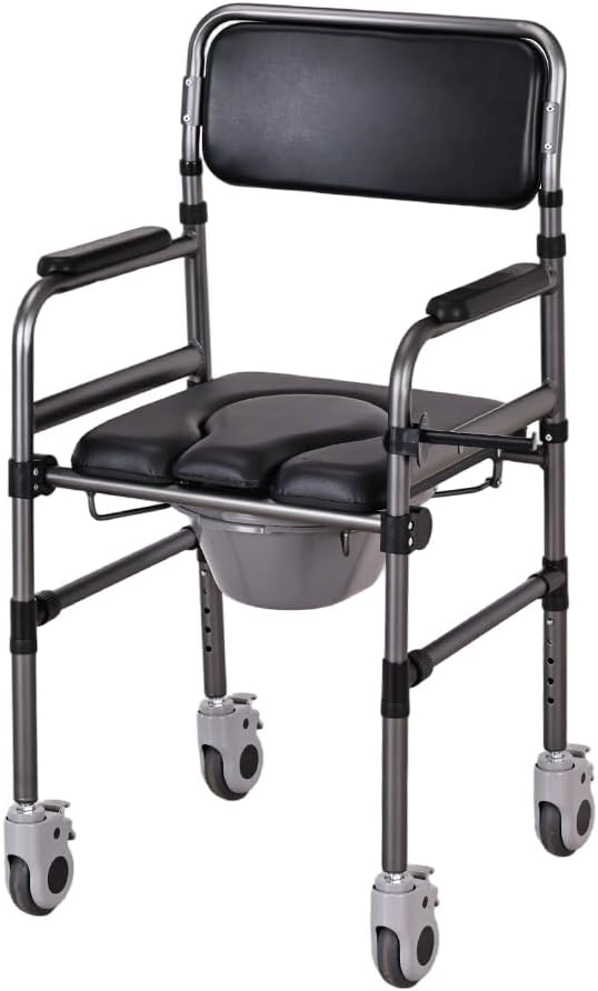 Bedside Commode Chair Foldable Height-Adjustable Toilet Chair with PU Seat 3" Locking Wheels, 400lbs Capacity, 22.8-40.6" Adjustablefoldable Shower Chair (Toilet- Open Type)