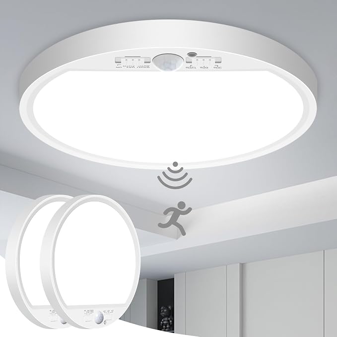 slochi 2Pack Motion Sensor Light Indoor Wired, 8.7 Inch 3000K/4000K/6500K Closet Lights Motion Sensored, 18W 1800LM Flush Mount Ceiling Light for Hallway Pantry Stairwell Porch, White