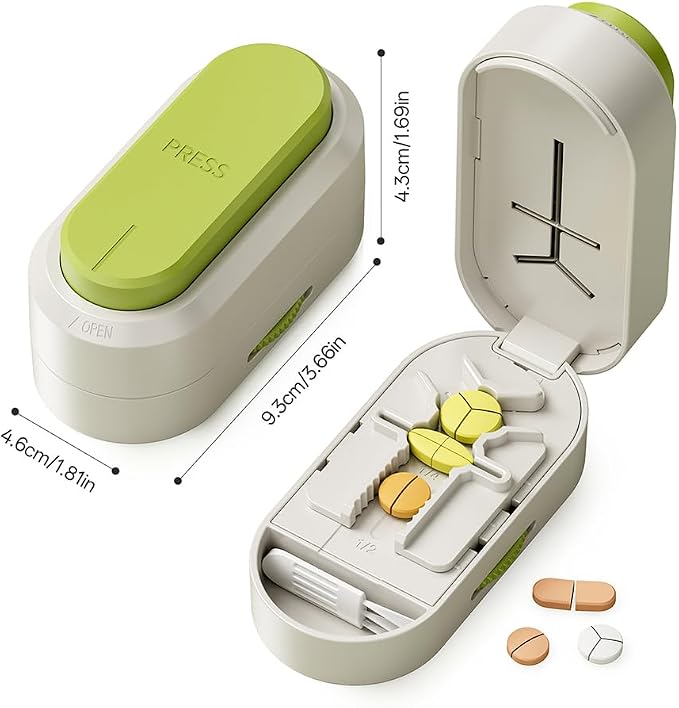 Pill Cutter Splitter for Small and Tiny Large Pills,Adjustable Pill Splitter Push-Button Cuts into 1/2, 1/3, 1/4，Comes with a Small Brush and a Medicine Storage Box (Green, Press-Cut)