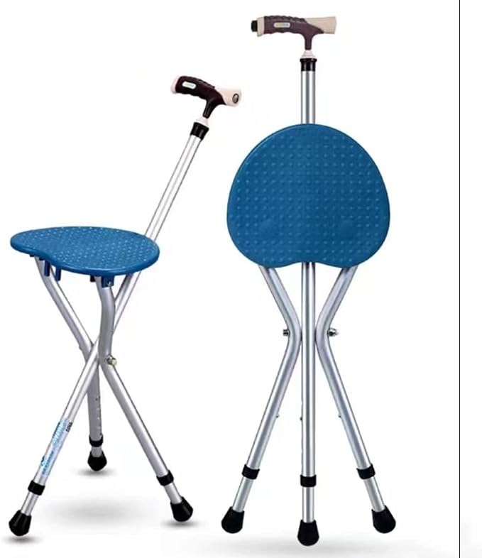 Folding Chair Cane Stool Crutch High Chair Collapsible Counter Stools Walking Chair for Elders Adjustable Height (Color : Blue)