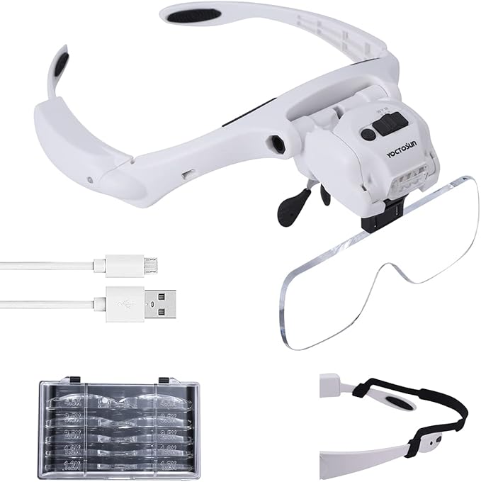 YOCTOSUN Head Magnifier with 5 LED Lights, Rechargeable Headband Magnifying Glass with 5 Interchangeable 1.2X, 1.8X, 2.5X, 3.5X, 4.5X Lenses, Great Magnifying Glasses for Jewelry, Arts and Crafts