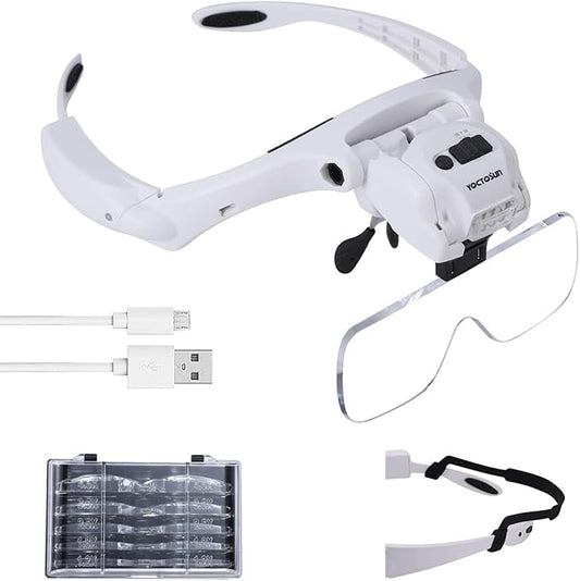 YOCTOSUN Head Magnifier with 5 LED Lights, Rechargeable Headband Magnifying Glass with 5 Interchangeable 1.2X, 1.8X, 2.5X, 3.5X, 4.5X Lenses, Great Magnifying Glasses for Jewelry, Arts and Crafts