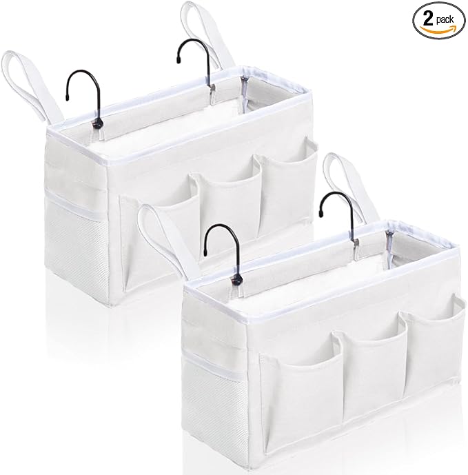 Kanrichu Bedside Caddy Hanging Storage Bag, Organizer Baskets with Pockets for Bunk Bed Accessories, Loft & Dorm Rooms Chair Bed Rails (White-2pcs)